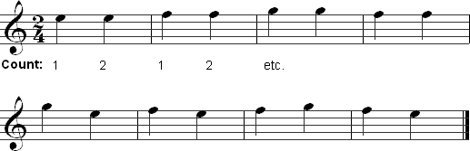 Reading exercise for E, F, and G in 2/4 time