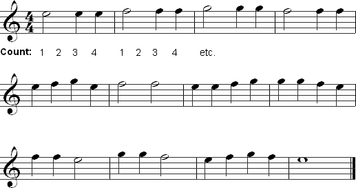 Reading exercise for E, F, and G in mixed rhythms