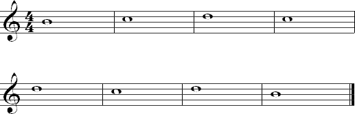 B, C, and D on the second string in whole notes