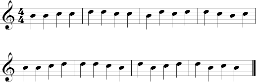 B, C, and D on the second string in quarter notes