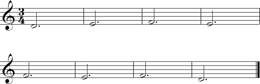 D, E, and F on the fourth string in dotted half notes