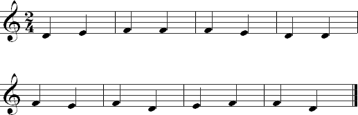 D, E, and F on the fourth string in quarter notes