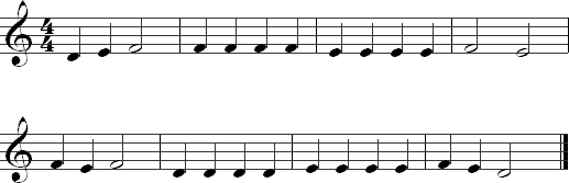 D, E, and F on the fourth string in mixed rhythms