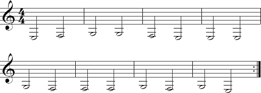 E, F, and G on the sixth string in half notes