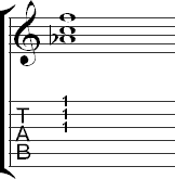Tablature for three-string minor barre chord based on E minor