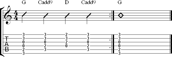 Exercise for switching between G major, Cadd9, and D major