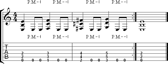 Heavy metal style riff with a bass pedal on the low E string