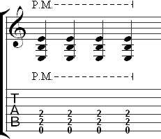 How palm muting is notated when several notes in a row are palm muted