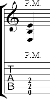 An example of how palm muting is notated on a single note or chord