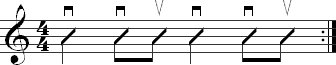A strumming pattern with quarter notes followed by two eighth notes