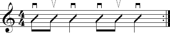 A strumming pattern with two eighth notes followed by a quarter note