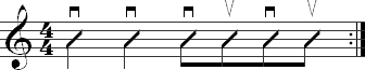 A strumming pattern with two quarter notes followed by four 8th notes