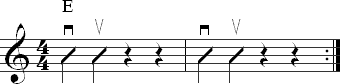 Strumming exercise in quarter notes with rests on beats three and four