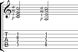 Example of stacked right hand fingers for chords