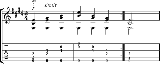E major chord exercise - three fingers with moving chord tones