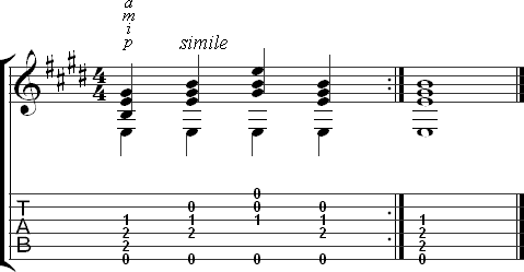 E major chord exercise - four fingers with moving chord tones