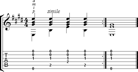 E major chord exercise - four fingers with moving bass