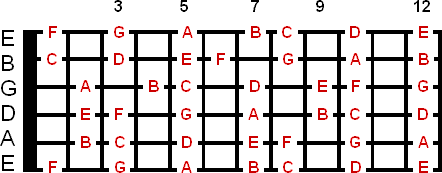 Fretboard diagram with the notes labeled